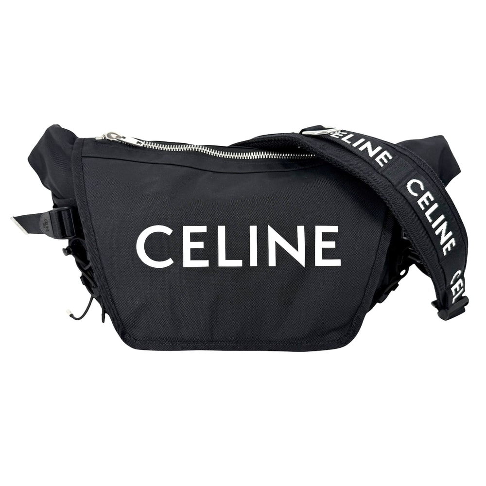 CELINE セリーヌ ショルダーバッグ ボディバッグ ロゴプリント 肩掛け 斜め掛け ナイロン    ブラック 黒 シルバー金具 レディース【中古品】
