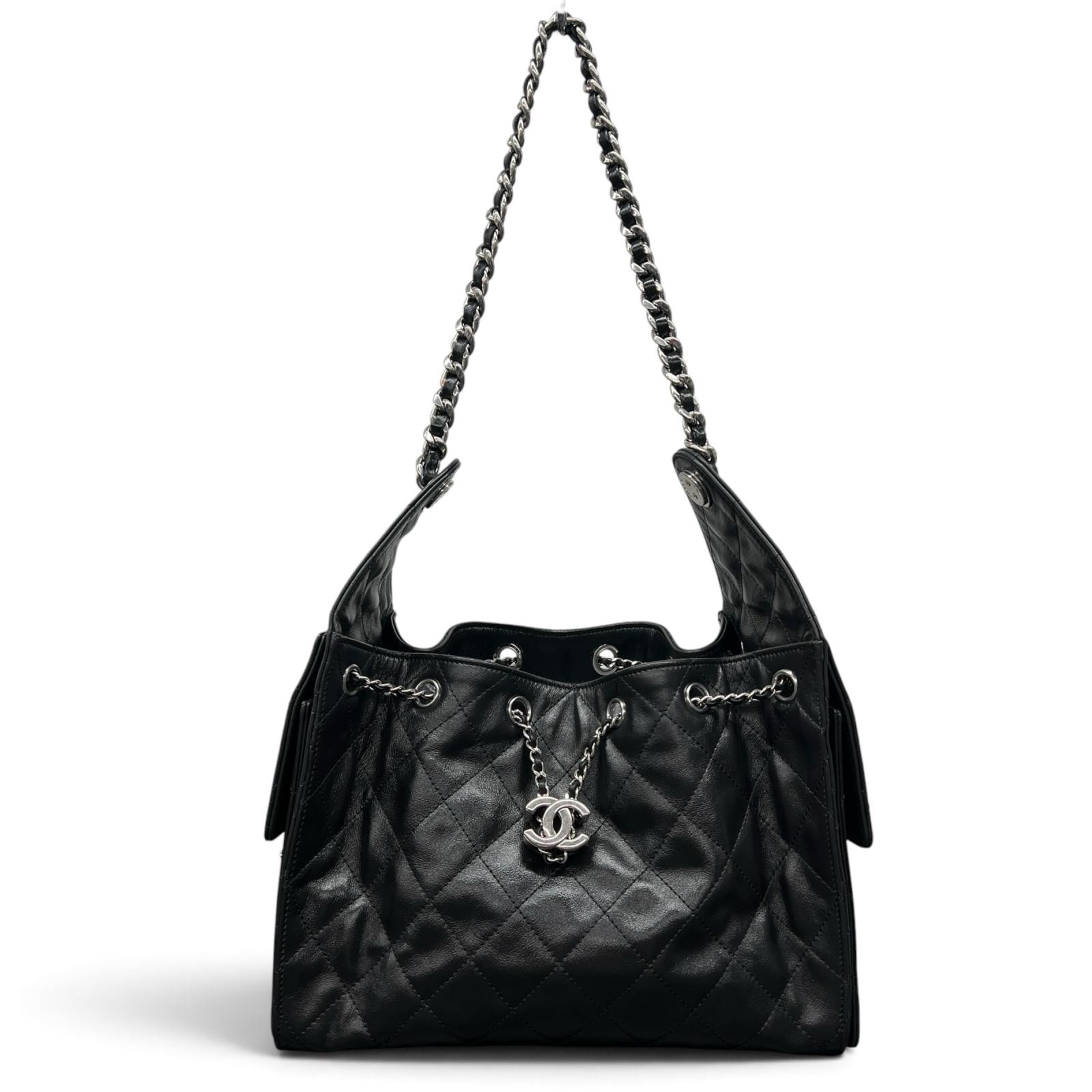 CHANEL 希少 極美品 シャネル 25SS シャネル25 スモール マトラッセ シルバー金具 チェーンショルダーバッグ AS5293 シャイニーカーフスキン レザー ブラック ワンショルダー ココマーク Aランク 鑑定済 中古 シャネルバッグ
