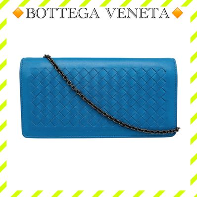 美品 ボッテガヴェネタ イントレチャート チェーンウォレット ミラー付き ブルー