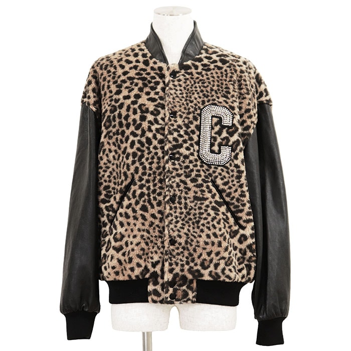 【美品】CELINE セリーヌ テディジャケット レオパード キャメル/シルク サイズ 48 レディース Cロゴ ラインストーン パッチ スタジャン ラムスキン レザー ブルゾン アウター ブラック 黒 イタリア製