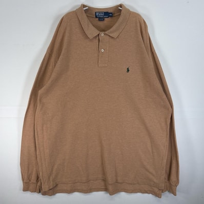 古着 90's/90年代 ポロバイラルフローレン Polo by Ralph Lauren 鹿の子 長袖 ポロシャツ ロゴ 刺繍 大きいサイズ 2ボタン 14041 ブラウン系 無地 メンズ