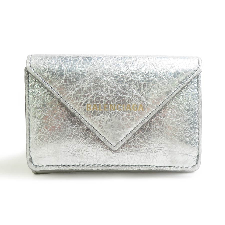 バレンシアガ BALENCIAGA 三つ折り財布 レザー シルバー ユニセックス【中古】 56879b