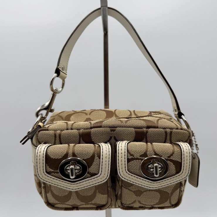 COACH(コーチ) シグネチャー キャンバス ミニショルダーバッグ ダブルポケット ベージュ系