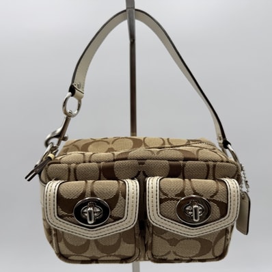 COACH(コーチ) シグネチャー キャンバス ミニショルダーバッグ ダブルポケット ベージュ系