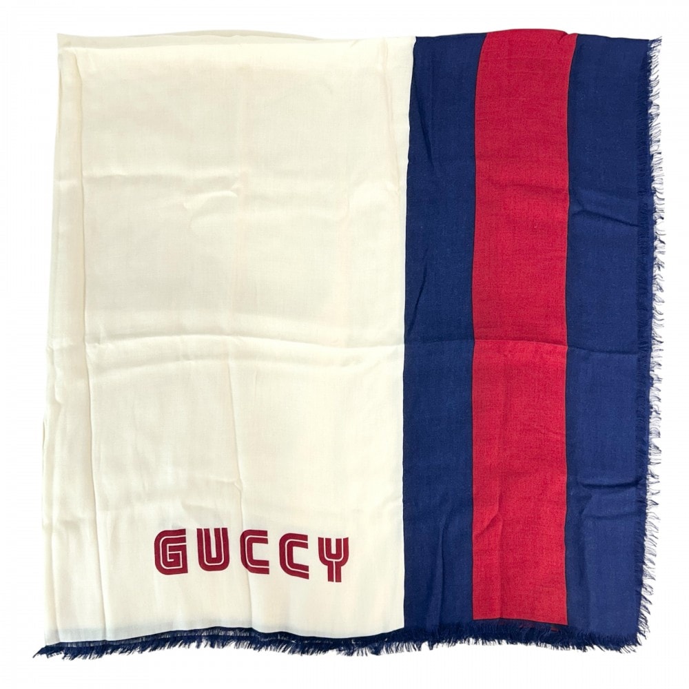 GUCCI グッチ ストール 大判 ショール GUCCY ファッションアイテム レーヨン シルク ホワイト 白 レッド 赤 レディース 秋 冬【中古品】