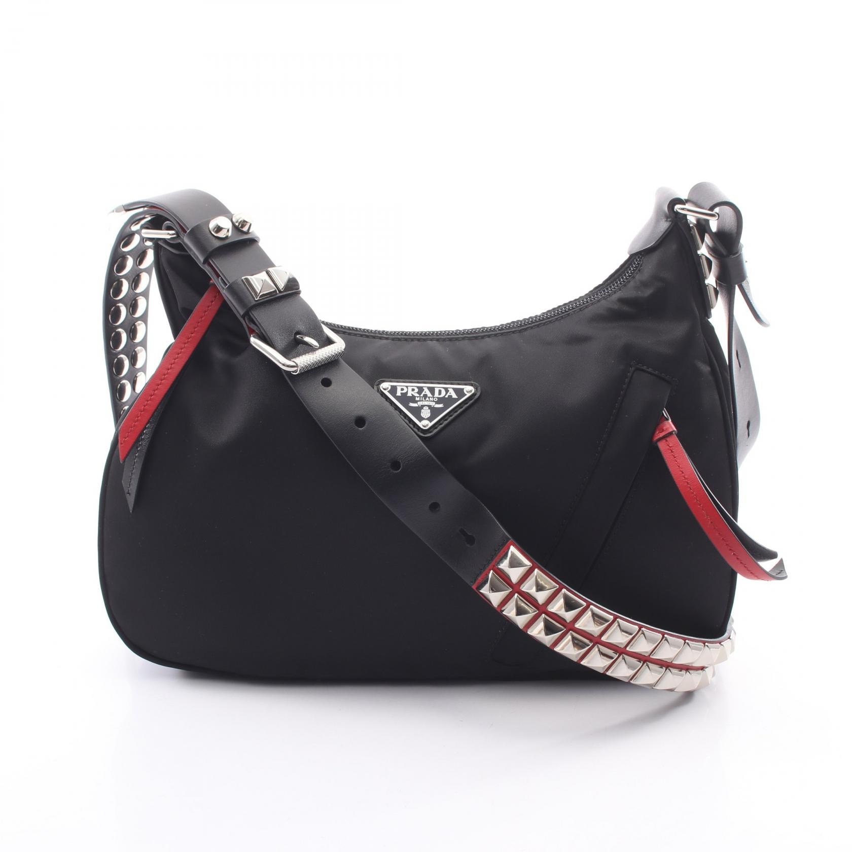 プラダ PRADA NEW VELA スタッズ ショルダーバッグ バッグ ナイロン レザー レディース ブラック系 / レッド系 1BC087 【中古】