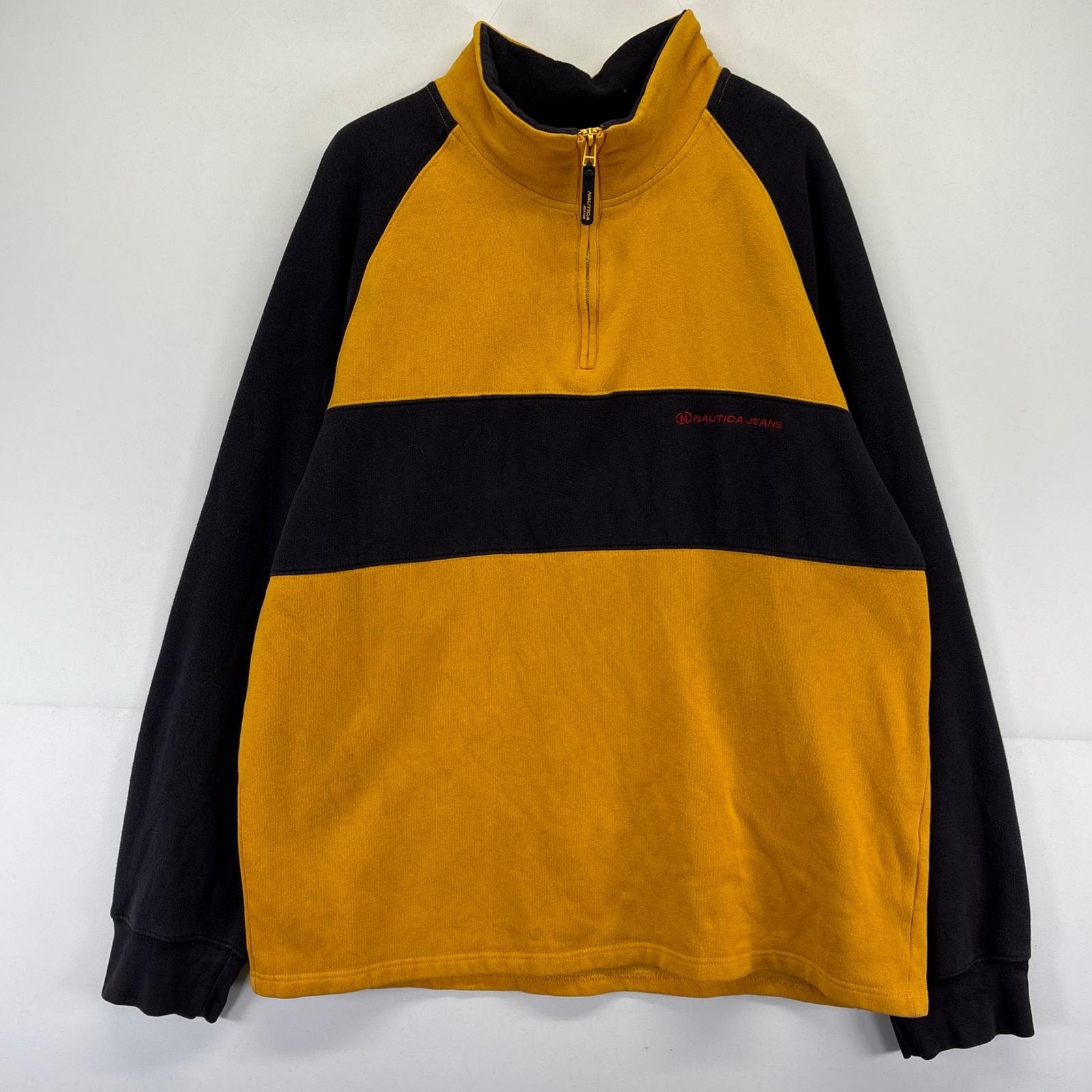 古着 ノーティカ NAUTICA スウェット ハーフジップ トレーナー ワンポイント 2XL イエロー系 ツートン メンズ