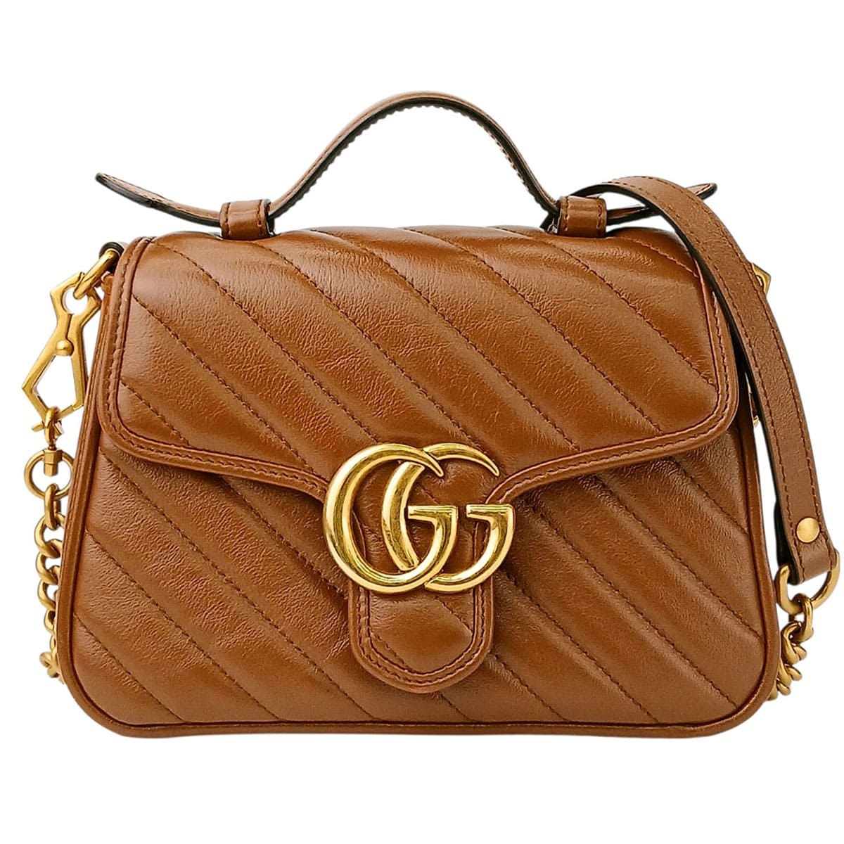 GUCCI グッチ GGマーモント ミニトップ  ハンドルバッグ 2WAYバッグ ハンドバッグ 583571 レザー ブラウン ゴールド金具  レディース【中古】