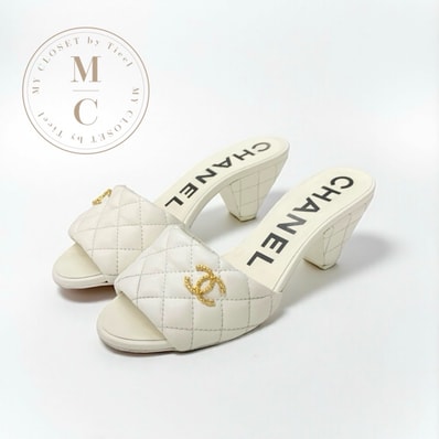 シャネル CHANEL サンダル 靴 シューズ レザー ホワイト ゴールド ココマーク マトラッセ ミュール