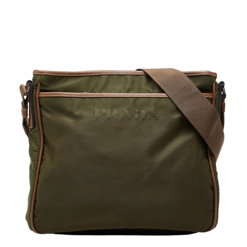 プラダ 三角ロゴプレート 斜め掛け ショルダーバッグ カーキグリーン ブラウン ナイロン レザー レディース PRADA 【中古】
