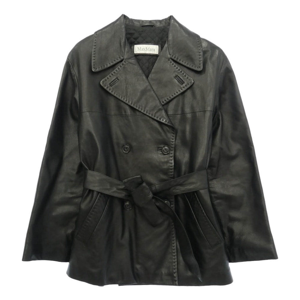 MAX MARA マックスマーラ 白タグ イタリア製 本革 レザー ショート トレンチ ハーフコート ブラック系 40【中古】
