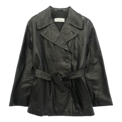 MAX MARA マックスマーラ 白タグ イタリア製 本革 レザー ショート トレンチ ハーフコート ブラック系 40【中古】