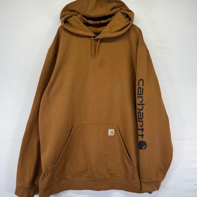 古着 カーハート Carhartt パーカー プルオーバー ロゴ プリント スウェット フーディ 2XL-T ブラウン系 袖プリント メンズ