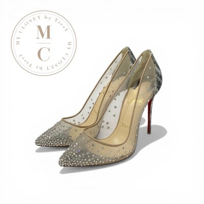 クリスチャンルブタン Christian Louboutin パンプス 靴 シューズ レザー グリッター シルバー ベージュ 未使用 メッシュ ラインストーン メタリック ハイヒール パーティーシューズ
