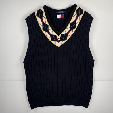 古着 90's/90年代 トミーヒルフィガー TOMMY HILFIGER ノースリーブ セーター アーガイル柄 リブ編ニット ベスト L ネイビー チェック メンズ