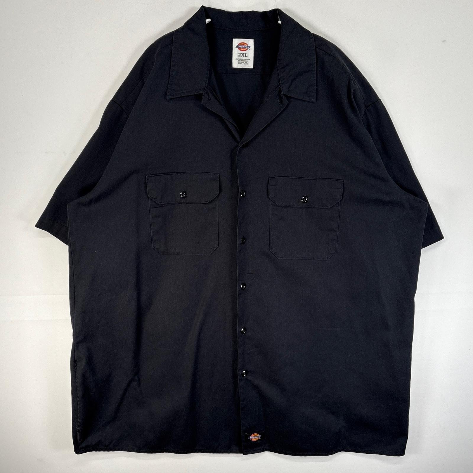 古着 ディッキーズ Dickies 半袖シャツ ワーク フラップポケ 作業着 ワンポイント ロゴ 大きいサイズ 2XL  ブラック 無地 メンズ