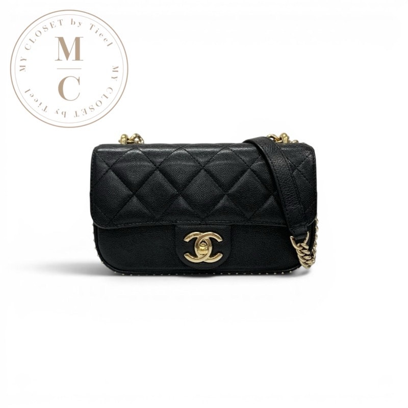 シャネル CHANEL バッグ ショルダーバッグ キャビアスキン ブラック 黒 ゴールド マトラッセ シングルフラップ ココマーク チェーン スタッズ ターンロック 2WAY ハンドバッグ