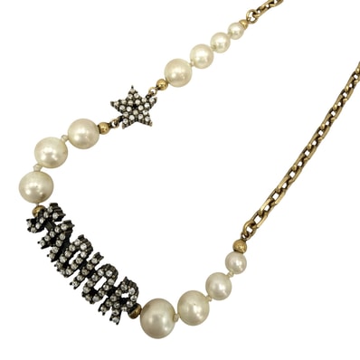 Dior ディオール ネックレス ロゴ アクセサリー アジャスター付き メタル フェイクパール ゴールド レディース 約16.4g【中古品】