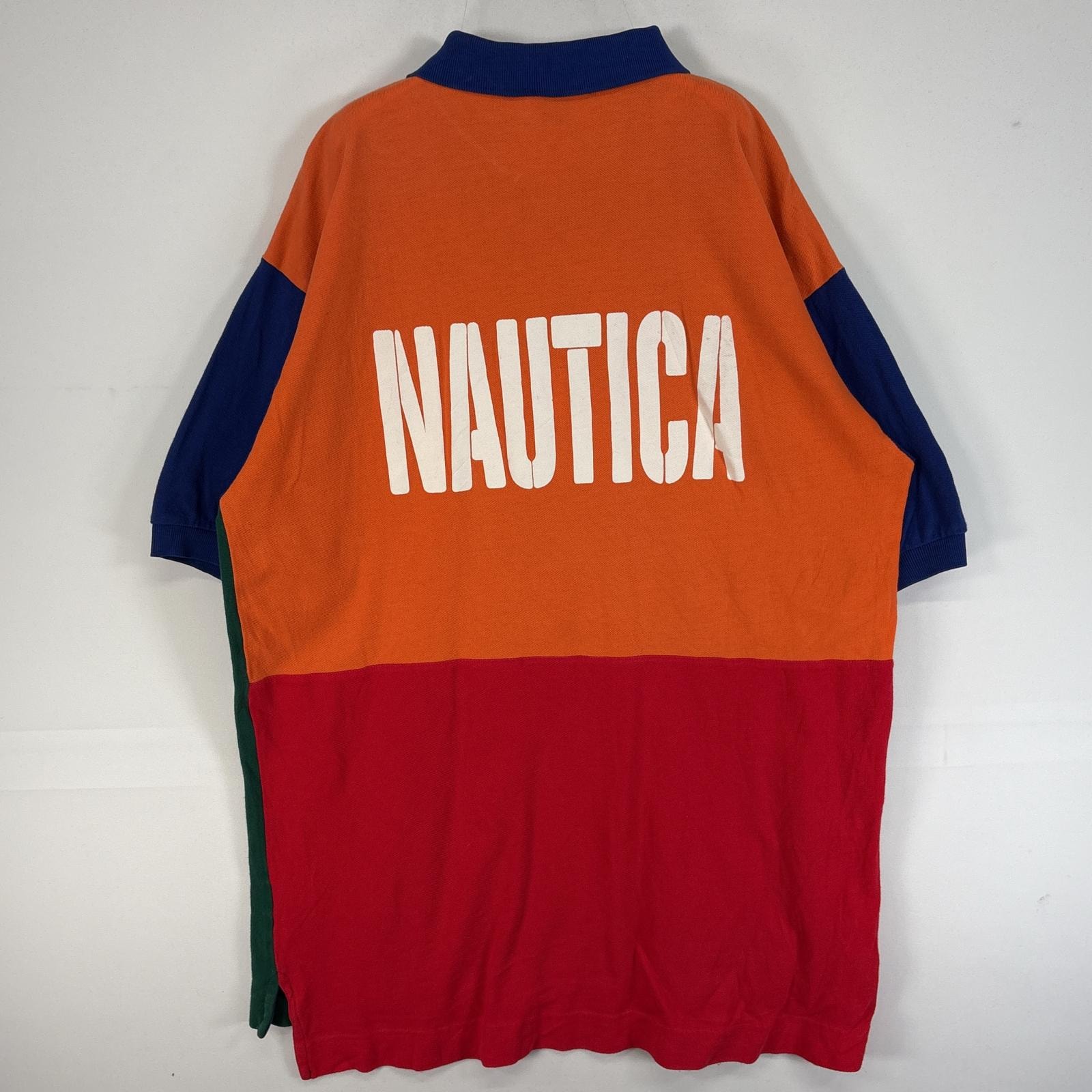 古着 ノーティカ NAUTICA 鹿の子 半袖 ポロシャツ ロゴ 刺繍 バックプリント M  グリーン マルチカラー メンズ