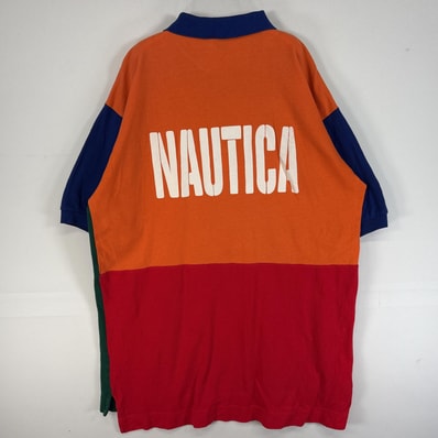 古着 ノーティカ NAUTICA 鹿の子 半袖 ポロシャツ ロゴ 刺繍 バックプリント M グリーン マルチカラー メンズ