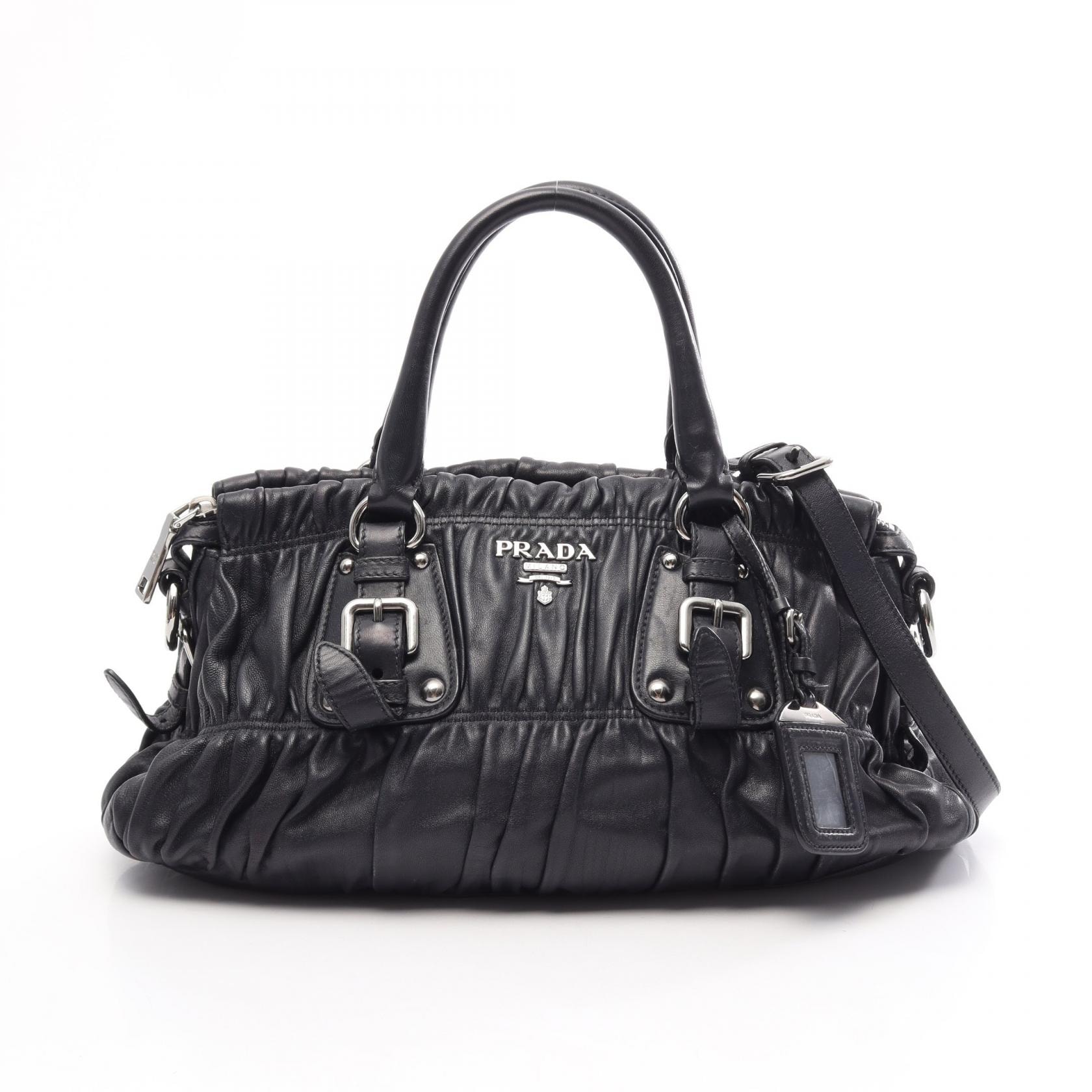 プラダ PRADA ギャザー 2WAY ハンドバッグ バッグ レザー レディース ネイビー系 【中古】