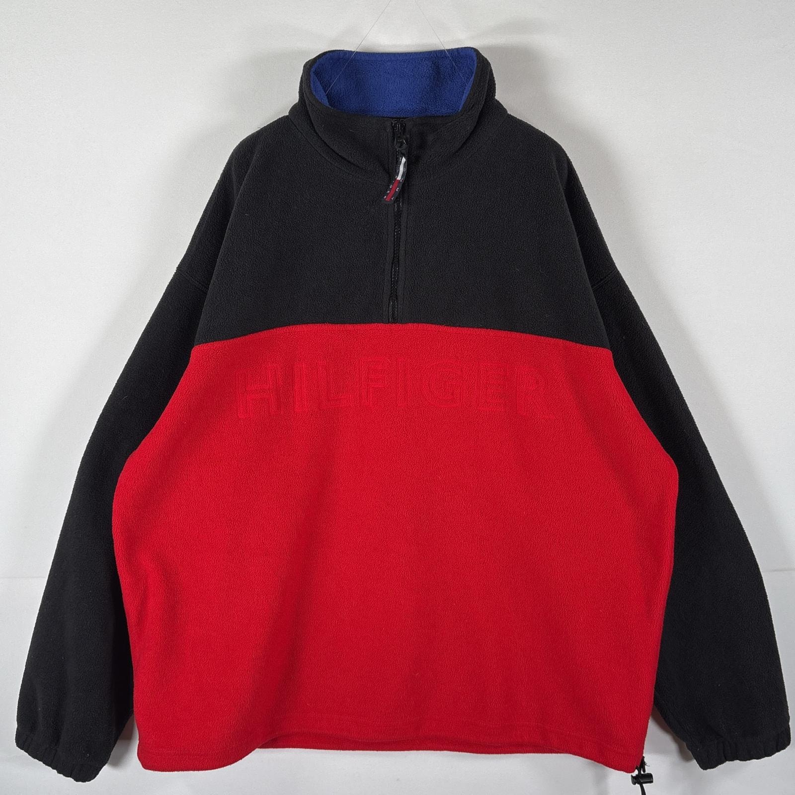 古着 90's/90年代 トミーヒルフィガー TOMMY HILFIGER ハーフジップフリースジャケット トレーナー プルオーバー ビッグロゴ L レッド メンズ