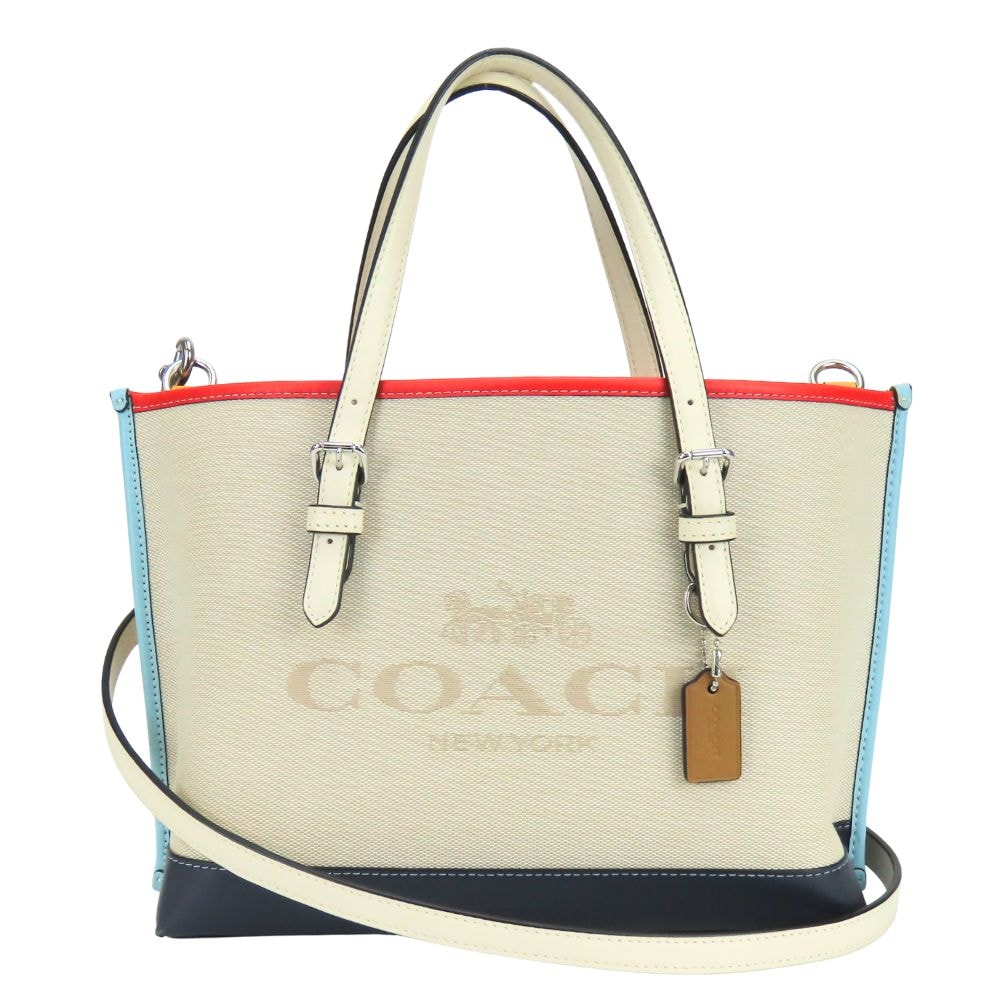 【中古】 コーチ トートバッグ カラーブロック CB651 キャンバス レザー ナチュラル ライトグレー系 ライトベージュ系 マルチカラー 2WAY 斜め掛け ショルダー カジュアル 普段使い レディース 女性 COACH