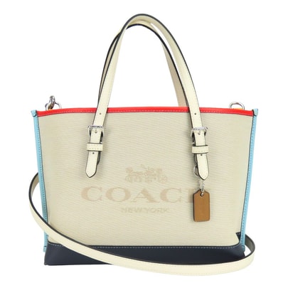 【中古】 コーチ トートバッグ カラーブロック CB651 キャンバス レザー ナチュラル ライトグレー系 ライトベージュ系 マルチカラー 2WAY 斜め掛け ショルダー カジュアル 普段使い レディース 女性 COACH