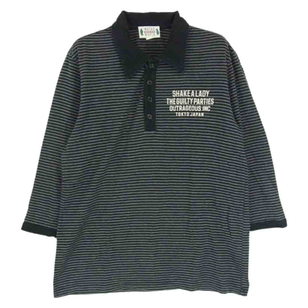 WACKO MARIA ワコマリア ポロシャツ ロゴフロッキープリント ボーダー 七分袖 ポロシャツ ブラック系 S【中古】