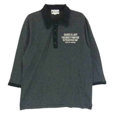 WACKO MARIA ワコマリア ポロシャツ ロゴフロッキープリント ボーダー 七分袖 ポロシャツ ブラック系 S【中古】