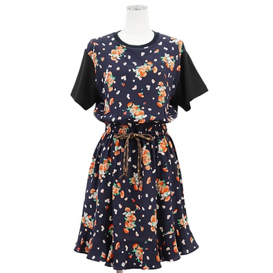 【美品】LOUIS VUITTON ルイ・ヴィトン ワンピース レディース サイズ L 2019SS 花柄 プリント クレープ × カットソー LV モノグラム ドローコード プルオーバー 半袖 ドレス ネイビー ブラック マルチカラー 黒 紺 イタリア製