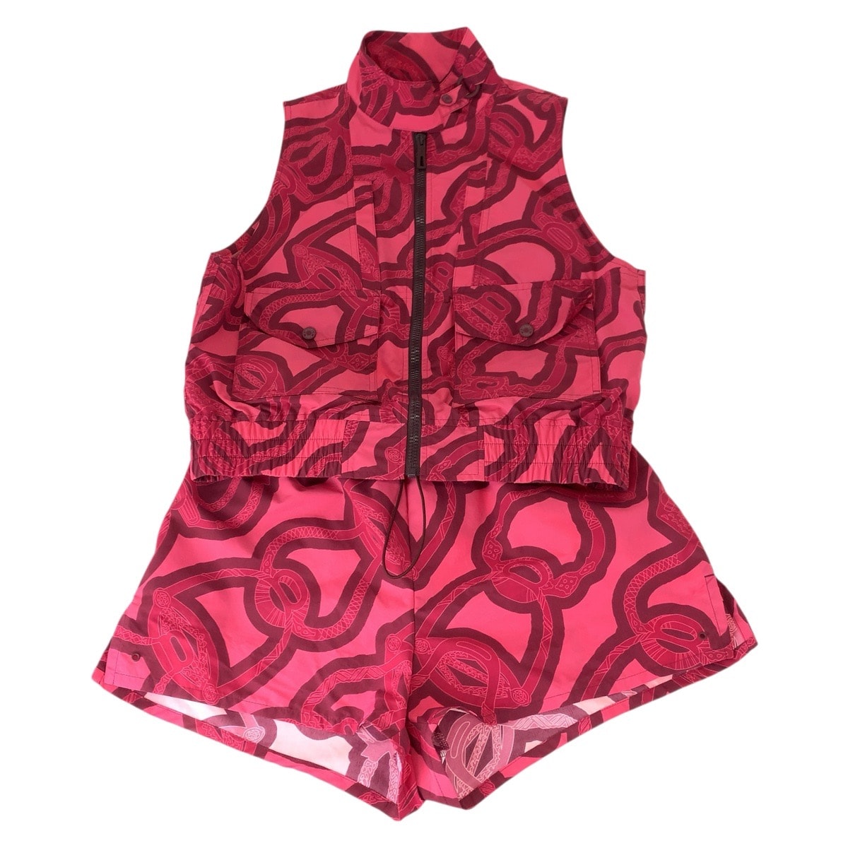 美品 HERMES エルメス Fantaisie d'Etriers サイズS ピンク ボルドー ナイロン セットアップ トップス ボトムス 601138 【中古】