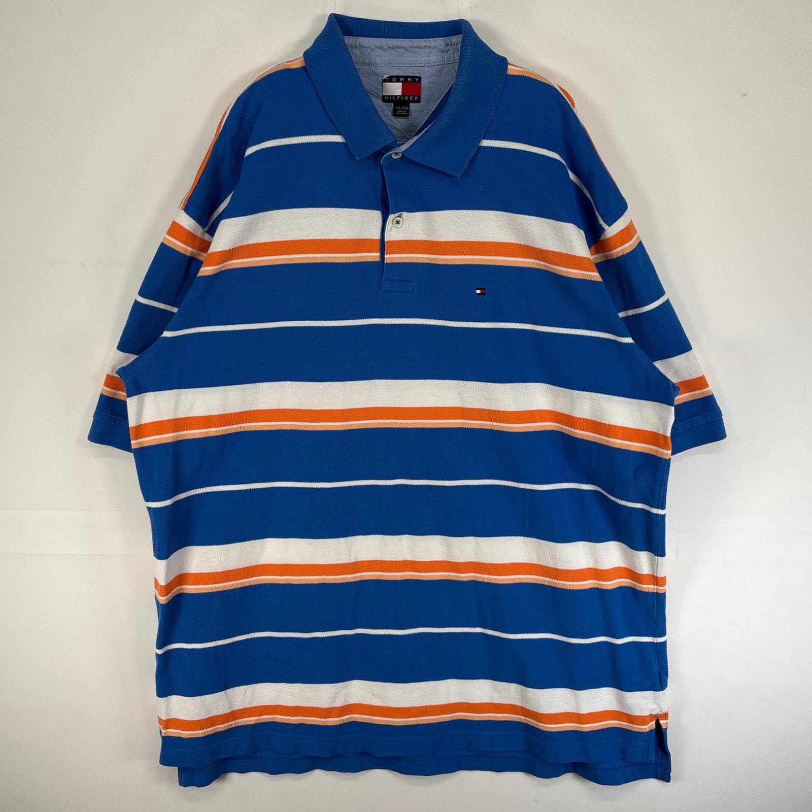 古着 90's/90年代 トミーヒルフィガー TOMMY HILFIGER 鹿の子 半袖 ポロシャツ ロゴ 刺繍 ボーダー 2ボタン 14041 ブルー系 マルチカラー メンズ
