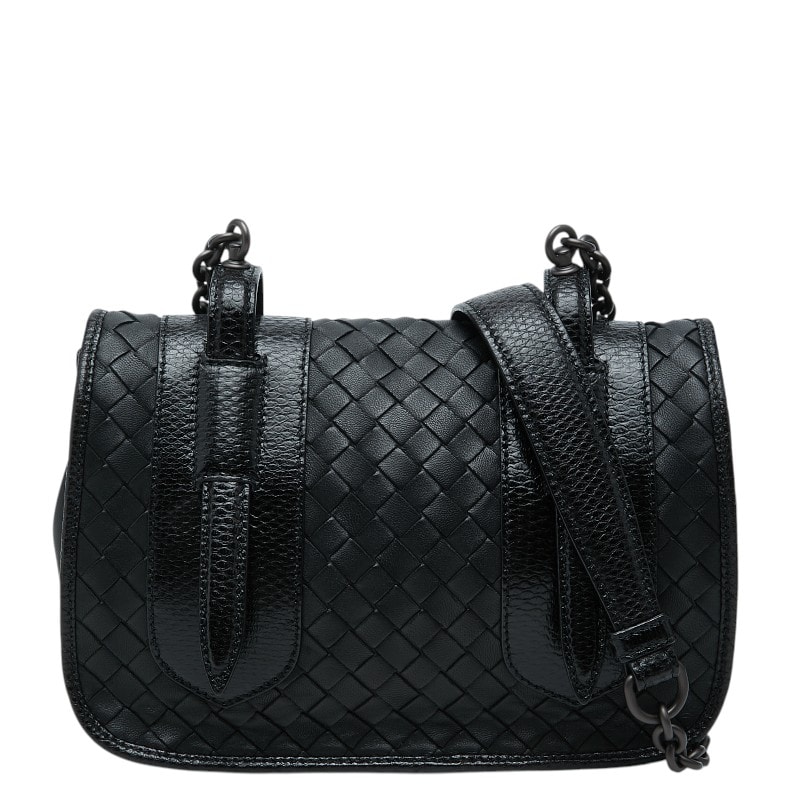 ボッテガヴェネタ イントレチャート チェーン ショルダーバッグ ブラック レザー リザード レディース BOTTEGAVENETA 【中古】