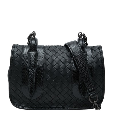 ボッテガヴェネタ イントレチャート チェーン ショルダーバッグ ブラック レザー リザード レディース BOTTEGAVENETA 【中古】