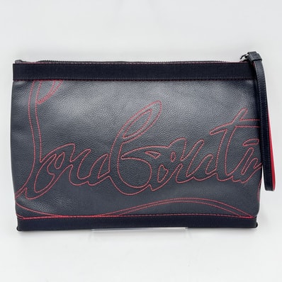 Christian Louboutin(クリスチャンルブタン)ロゴステッチ クラッチバッグ ブラック レザー ポーチ セカンドバッグ ストラップ付 イタリア製【中古】