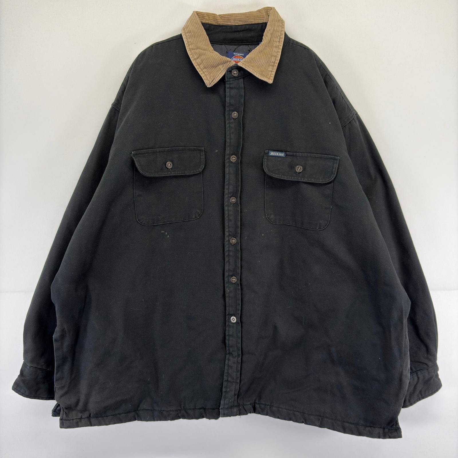 古着 ディッキーズ Dickies ダック ジャケット ワンポイント フルボタン 大きいサイズ 襟コーデュロイ 作業着 ワーク 3XL  ブラック メンズ