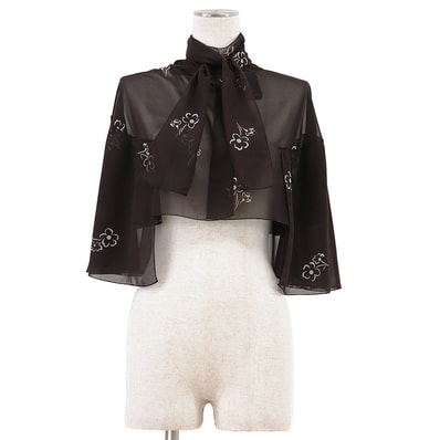 【極美品】PRADA プラダ シアー ケープ サイズ 38 レディース シフォン シースルー フローラル クロップド丈 ポリエステル100% ジャケット アウター ハンガー付属 ダークブラウン 茶色