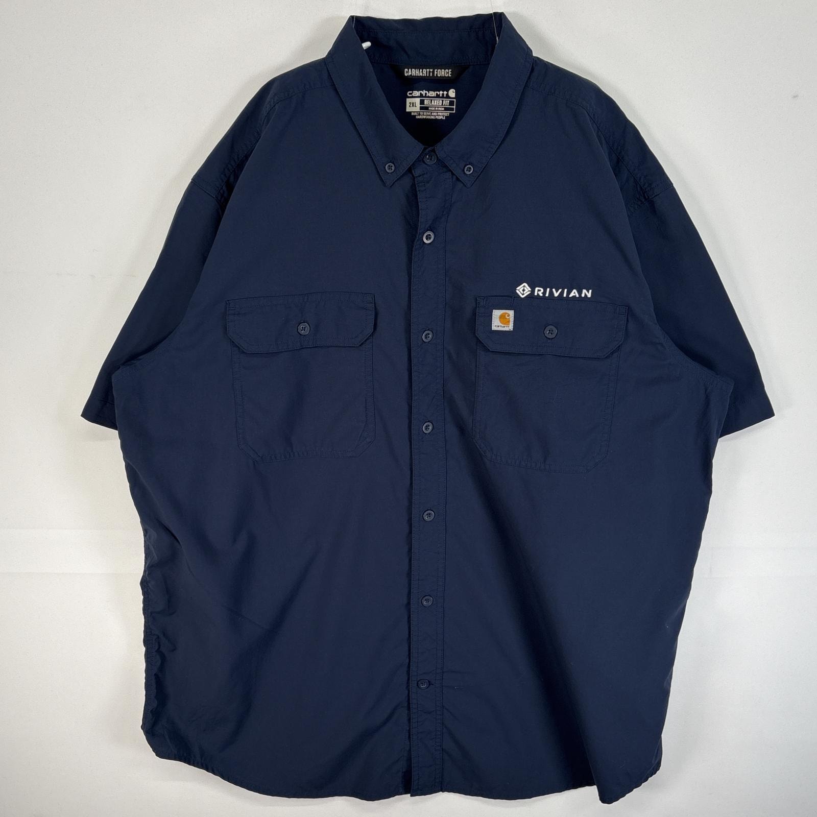 古着 カーハート Carhartt 半袖シャツ ワーク フラップポケ 作業着 大きいサイズ ワンポイント ロゴ 2XL  ネイビー 無地 メンズ