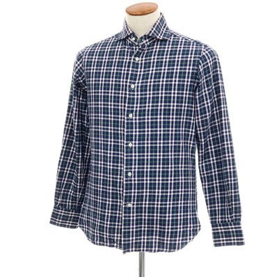 【中古】ビームスエフ BEAMS F コットン チェック ホリゾンタルカラー カジュアルシャツ ネイビーxグリーン【サイズM】【メンズ】
