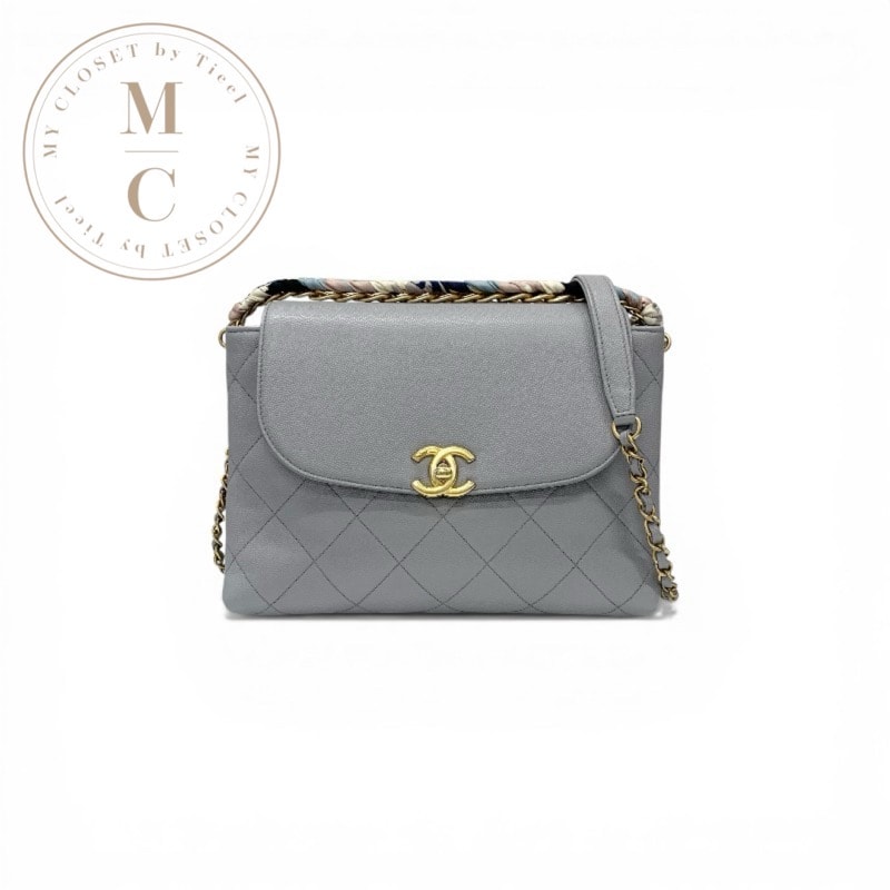 シャネル CHANEL バッグ ショルダーバッグ グレー ゴールド マトラッセ ココマーク キャビアスキン チェーン ターンロック 2WAY