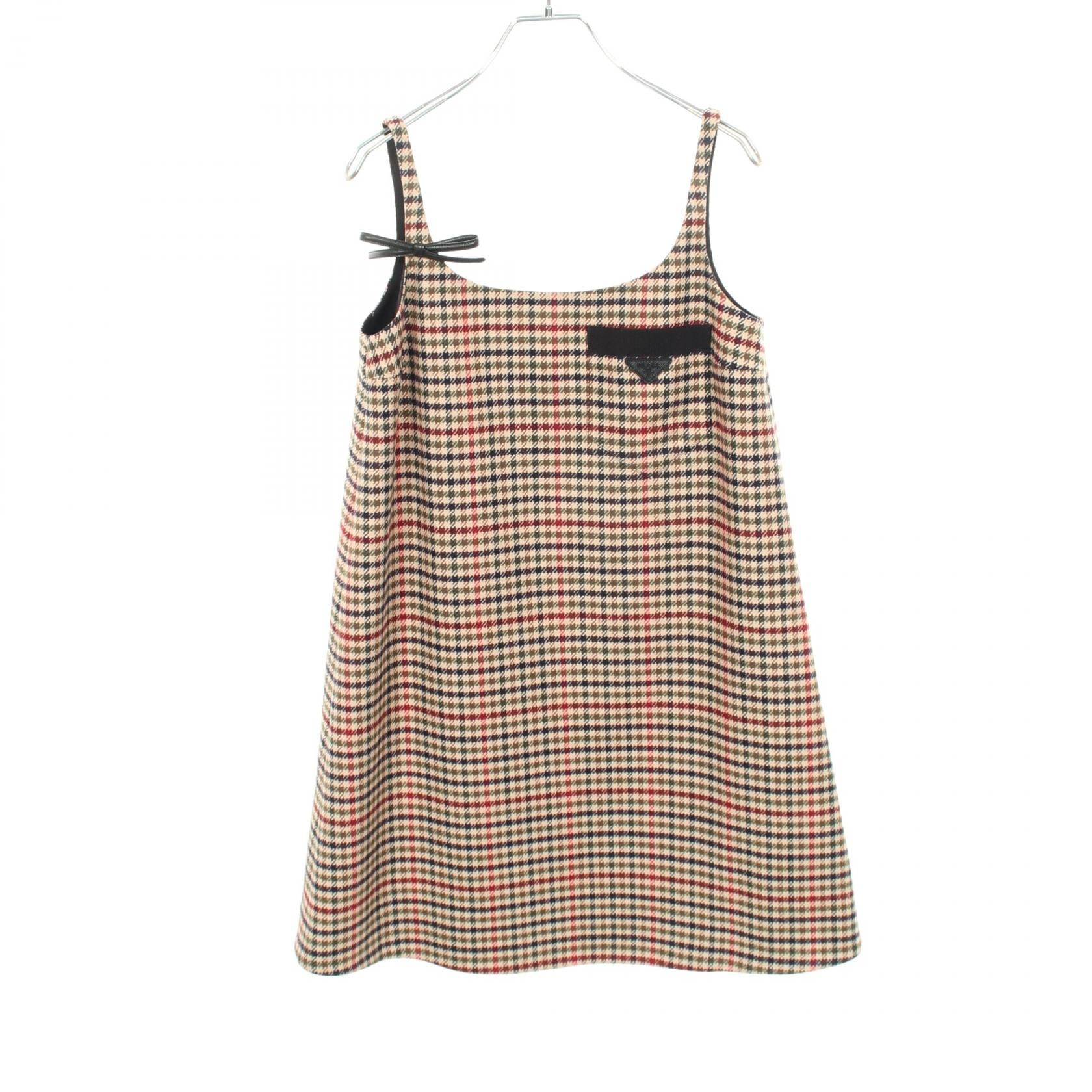 プラダ PRADA ノースリーブ チェック ワンピース 衣料品 トップス ウール カシミヤ レディース ベージュ系 / マルチカラー P3B74E 【中古】