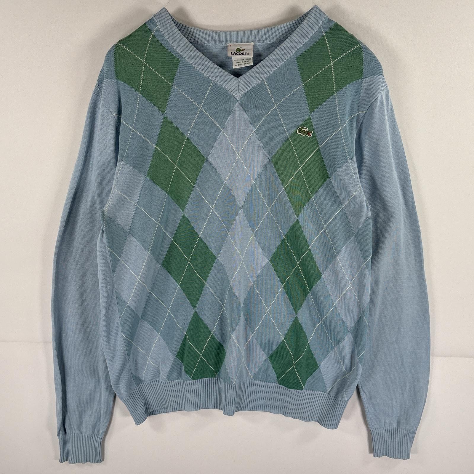 古着 ラコステ LACOSTE コットンニットセーター アーガイルチェック Vネック ワンポイントロゴワッペン 4  水色 メンズ