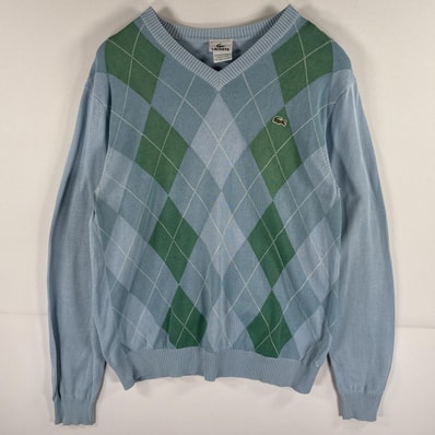 古着 ラコステ LACOSTE コットンニットセーター アーガイルチェック Vネック ワンポイントロゴワッペン 4 水色 メンズ