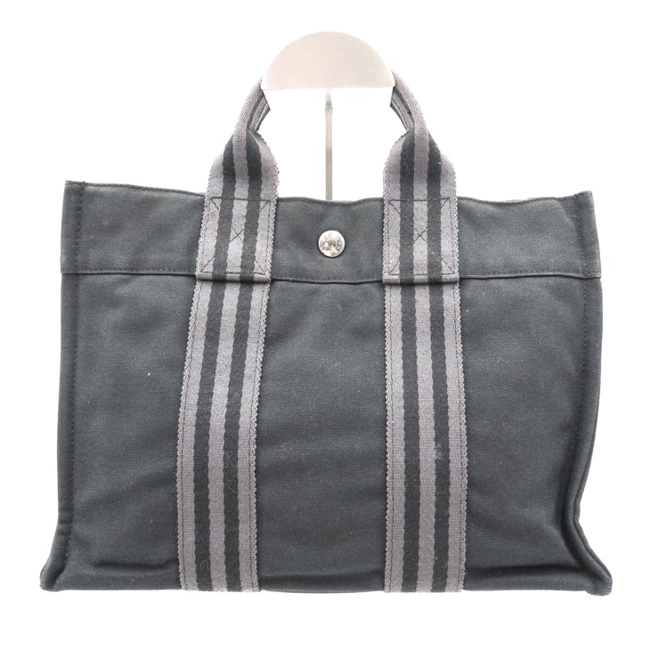 HERMES(エルメス)フールトゥ PM ヴィンテージ トートバッグ ハンドバッグ ブラック×グレー キャンバス シルバー金具 レディース メンズ ユニセックス【中古】