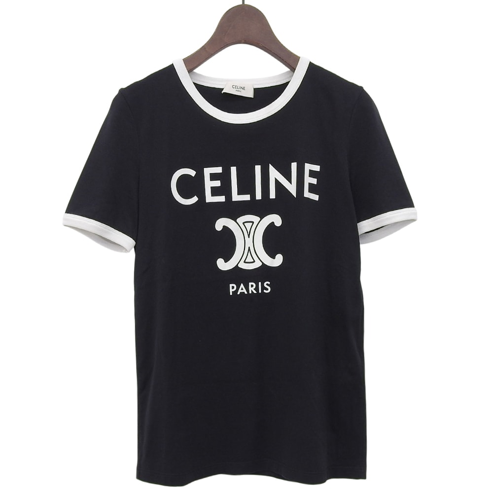 セリーヌ 美品 CELINE PARIS コットン リンガーTシャツ トップス レディース ブラック ホワイト XS 2X872671Q.38W XS