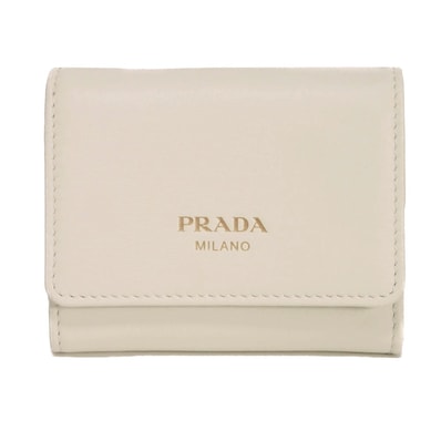 PRADA プラダ ソフト グレイン コンパクト ウォレット シボ カーフ ホワイト トリフォールド スナップボタン 札入れ カードケース コインケース RFID ICチップ 未使用 ロゴ ビアンコ 三つ折り財布 1MH043 2CYS F0009