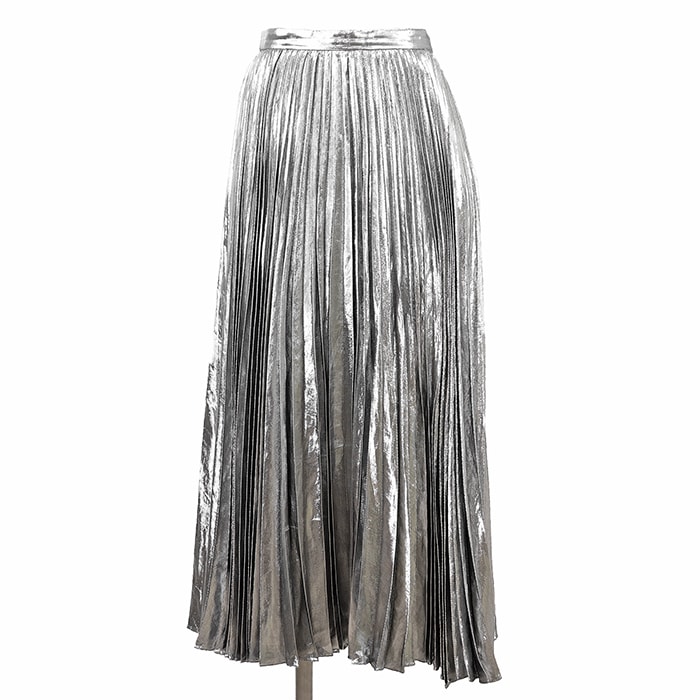 CELINE セリーヌ スカート プリーツ メタリック サイズ 36 レディース ビスコース/メタリックファイバー/シルク サイドジップ フレア ボトムス シルバー 銀色 フランス製