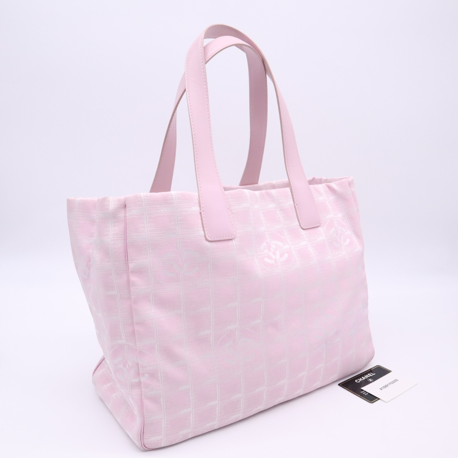 美品 CHANEL シャネル ニュートラベルライン トートバッグ MM A15991 トートバッグ ピンク ホワイト レザー ナイロンジャガード レディース