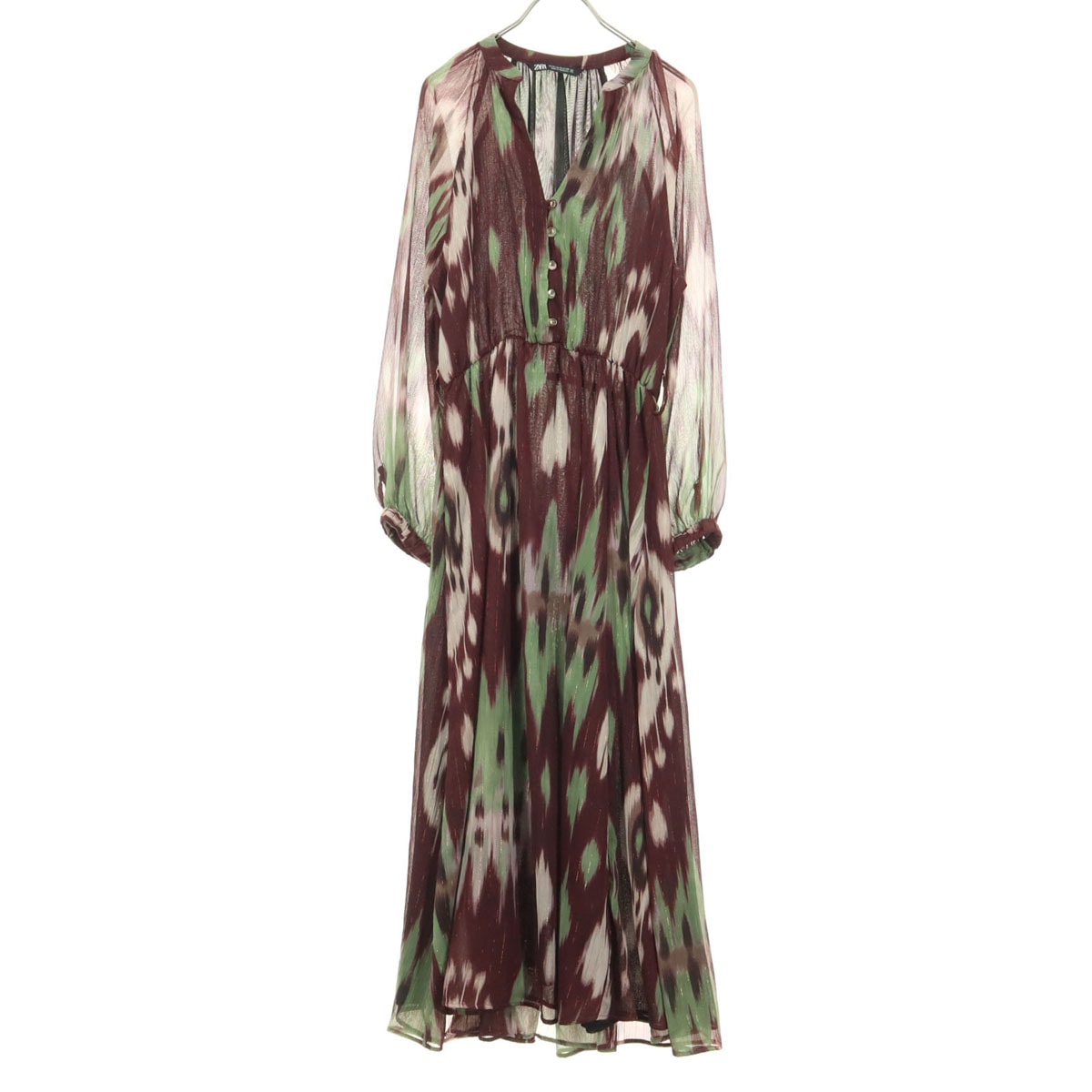 ZARA ザラ 長袖 ロングワンピース XS ワインレッド マルチカラー